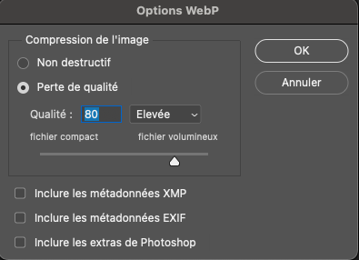 Copie d'ecran de réglage pour le format WebP