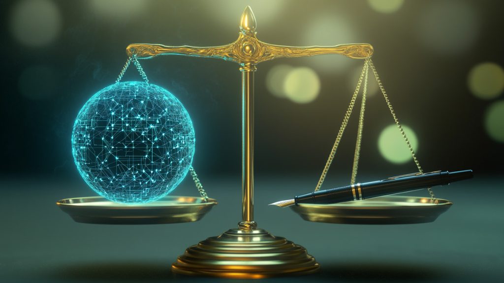 Balance dorée pesant une sphère numérique et un stylo, symbolisant l’équilibre entre intelligence artificielle et écriture humaine.