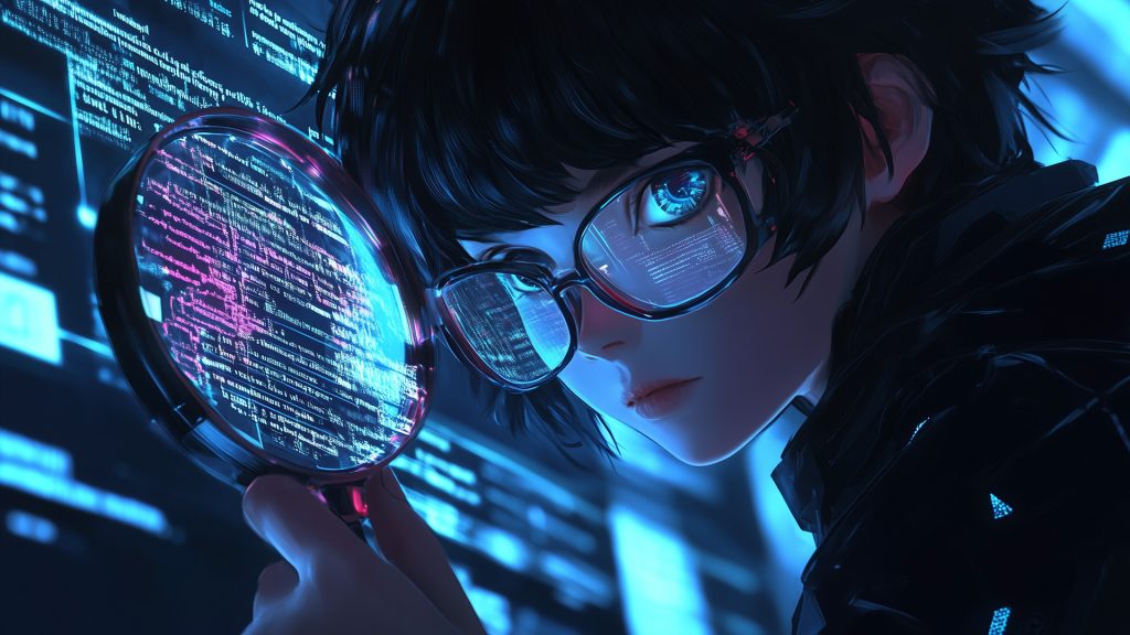 Femme avec des lunettes augmentées analysant du code informatique à l’aide d’une loupe numérique.