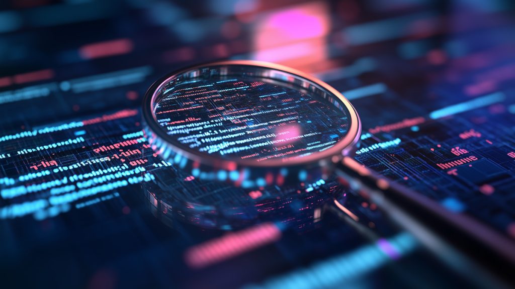 Loupe grossissant un écran rempli de code et de données numériques, illustrant l’analyse des textes générés par IA.