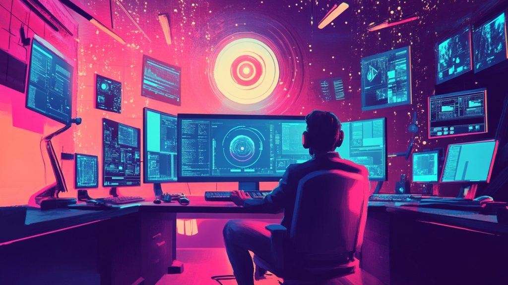 Personne assise devant plusieurs écrans d’ordinateur dans une ambiance futuriste, supervisant des données et des graphismes technologiques, avec des couleurs néon rose et bleu
